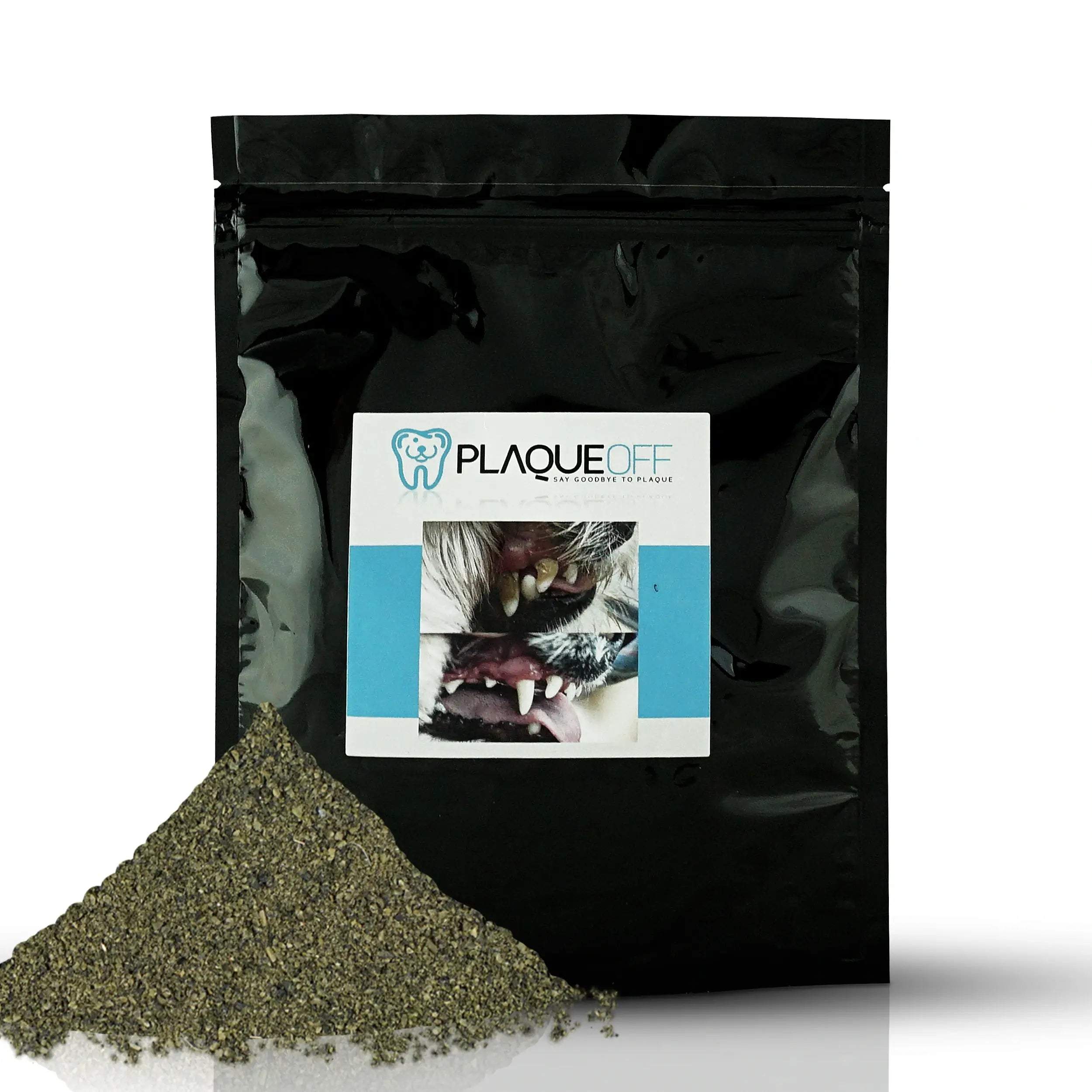 A container of Plaque Off powder, a natural seaweed supplement for dogs and cats, designed to reduce plaque and tartar buildup.