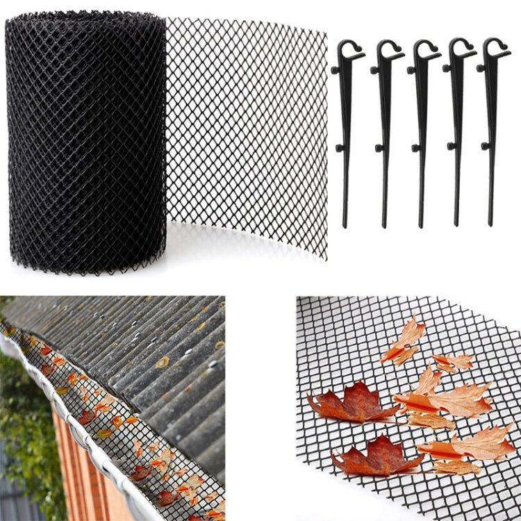 Plastic gutter guard designed to prevent leaves and debris from clogging downspouts, showcasing its mesh structure and adjustable features.