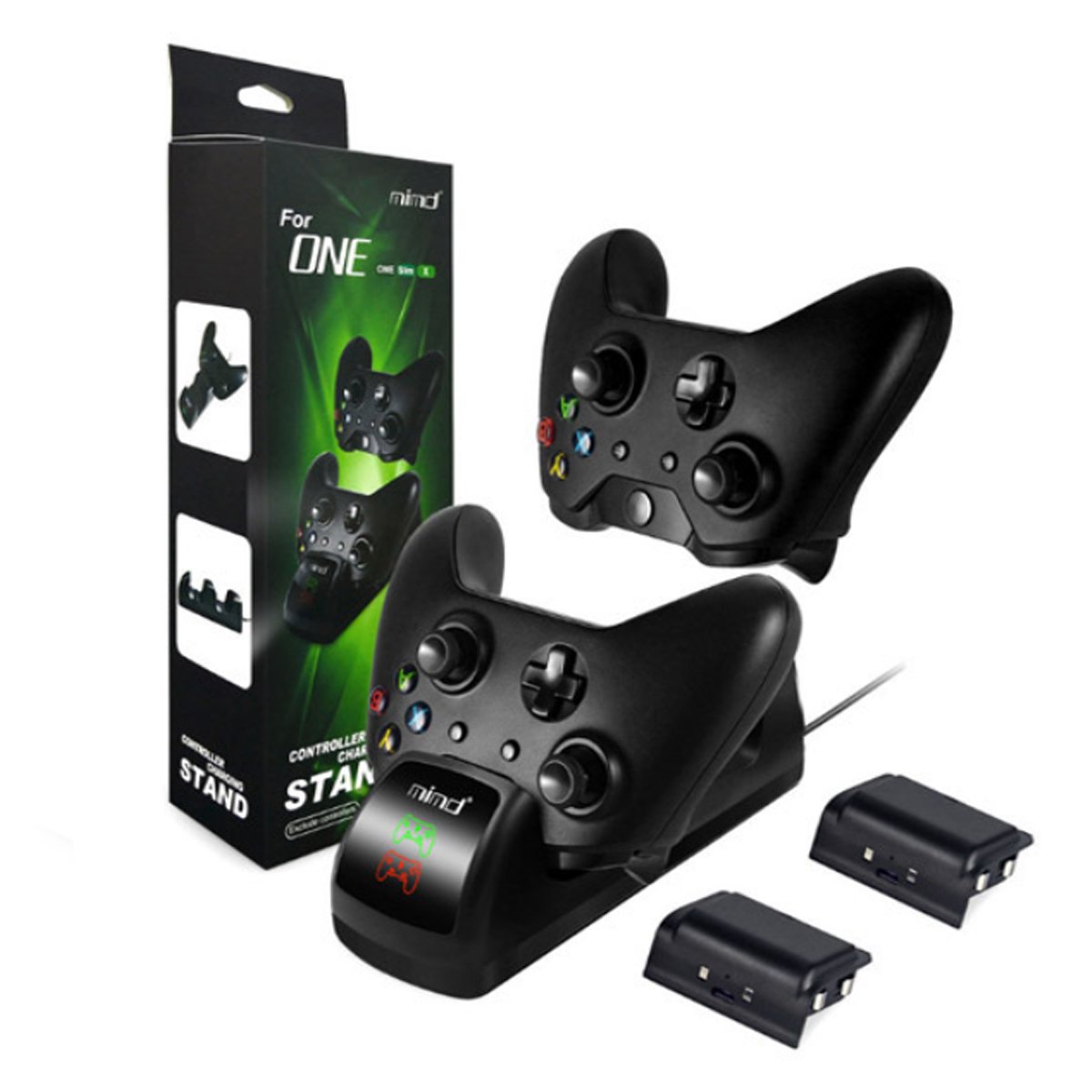 Play Time Game Charger for Xbox with two controllers and LED indicator lights, designed for efficient charging and storage.