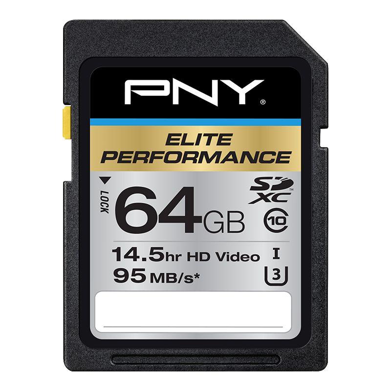 PNY SD Elite-X 64GB memory card with high-speed performance and durable design.