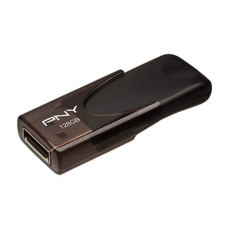 PNY USB2.0 Attache 4 128GB flash drive with a sleek design, showcasing its compact size and USB connector.