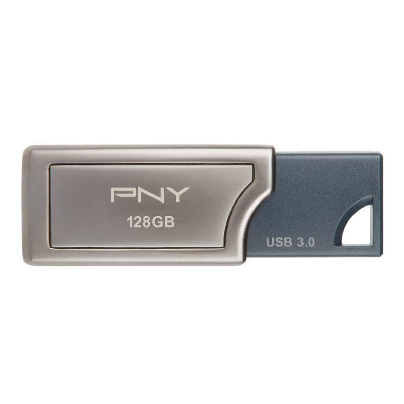 PNY USB3.0 PRO Elite 128GB flash drive with a sleek design, showcasing its USB connector and storage capacity.