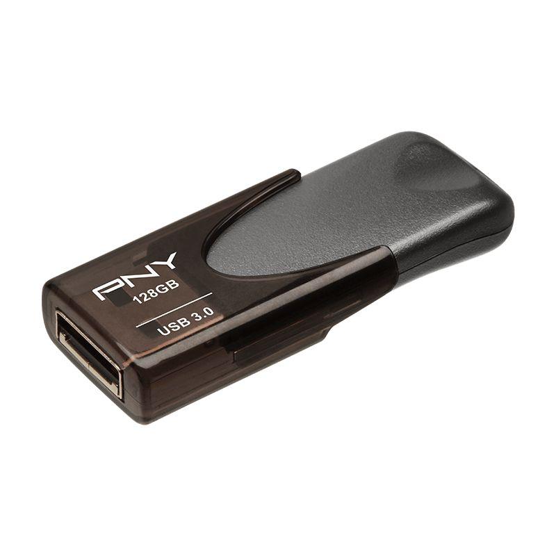 PNY USB3.1 Turbo Attache 4 128GB flash drive with a sleek design, showcasing its USB connector and storage capacity.