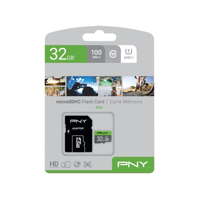 PNY uSD Elite 32GB microSD card with packaging, showcasing its high-speed performance and compatibility.