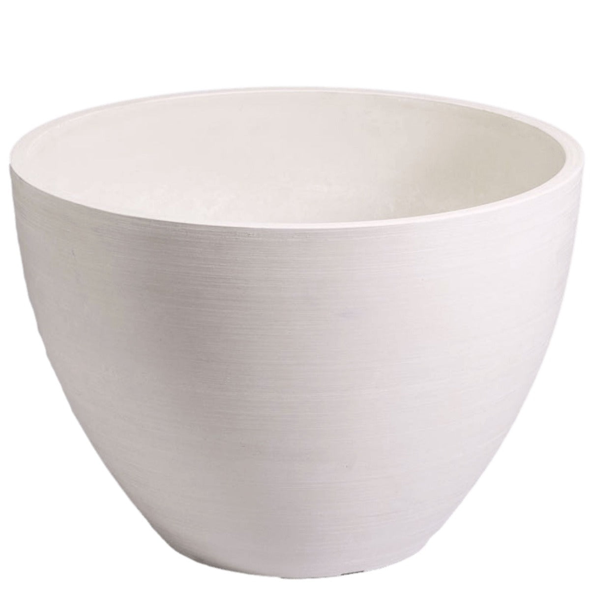 Polished Vintage White Planter Bowl 30cm showcasing its elegant design and durable recycled material, perfect for plants.