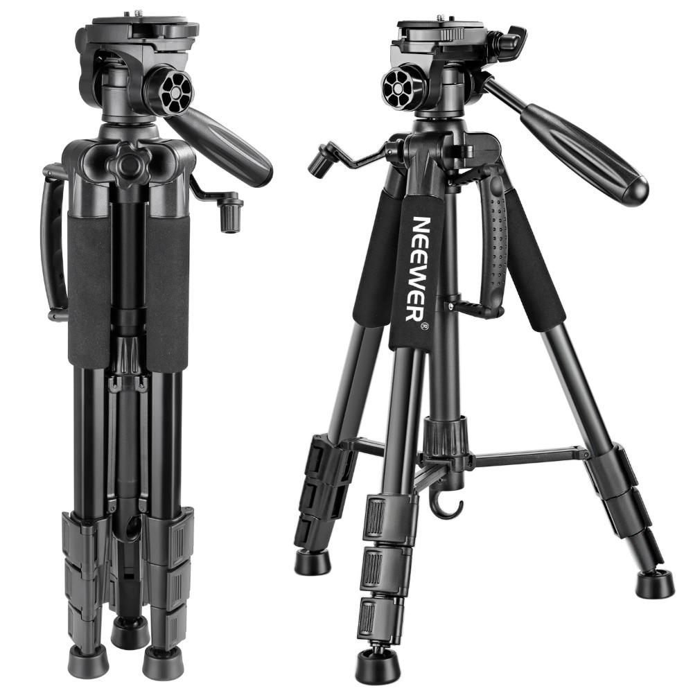 Portable 56 inches aluminum camera tripod with 3-way swivel pan head and carrying bag, ideal for DSLR cameras.