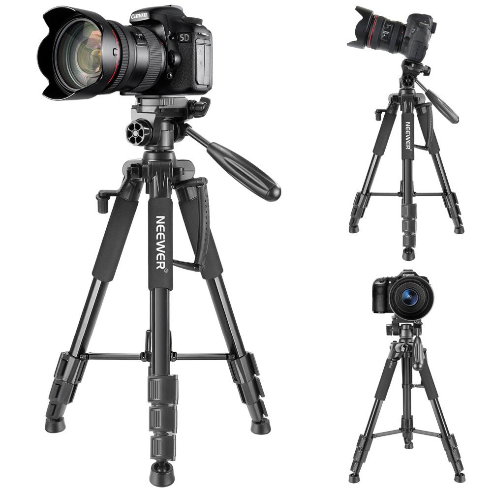 Portable 56 inches aluminum camera tripod with 3-way swivel pan head and carrying bag, ideal for DSLR cameras.