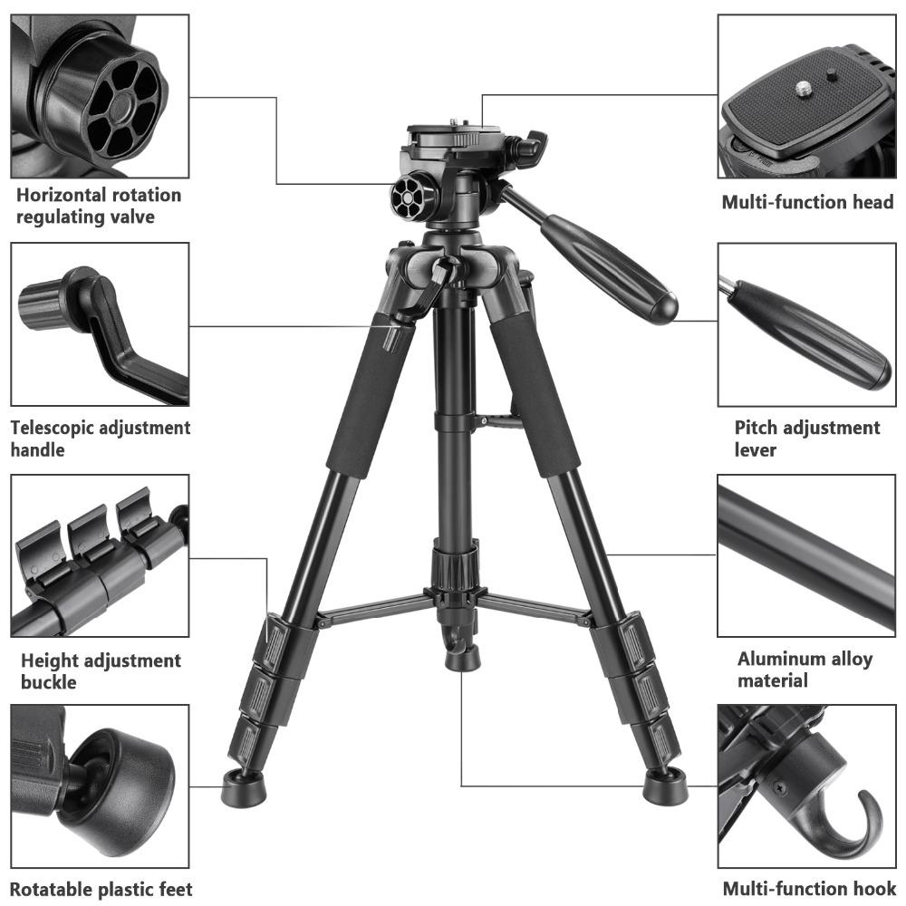 Portable 56 inches aluminum camera tripod with 3-way swivel pan head and carrying bag, ideal for DSLR cameras.