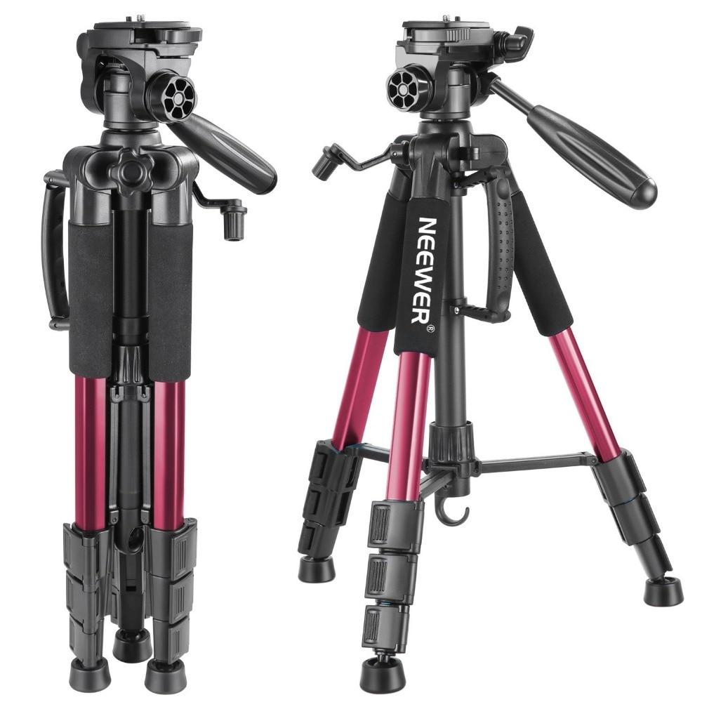 Portable 56 inches aluminum camera tripod with 3-way swivel pan head and carrying bag, ideal for DSLR cameras.