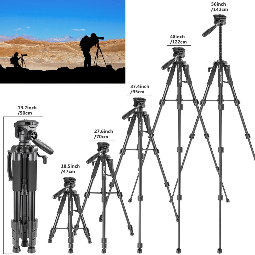 Portable 56 inches aluminum camera tripod with 3-way swivel pan head and carrying bag, ideal for DSLR cameras.