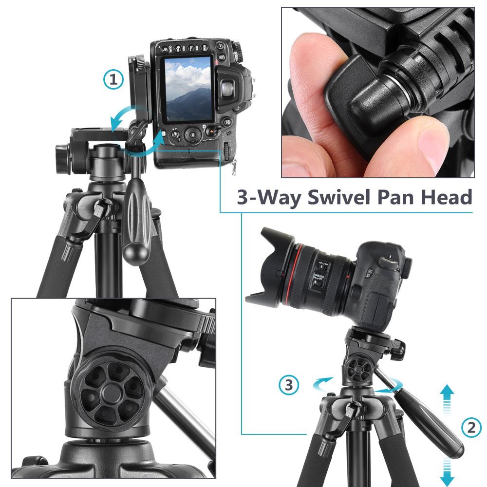 Portable 56 inches aluminum camera tripod with 3-way swivel pan head and carrying bag, ideal for DSLR cameras.