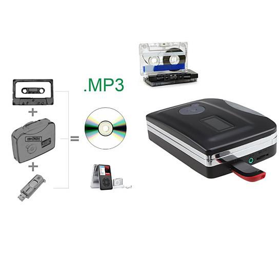 Portable Cassette To MP3 Converter with USB port and controls for easy cassette to MP3 conversion.