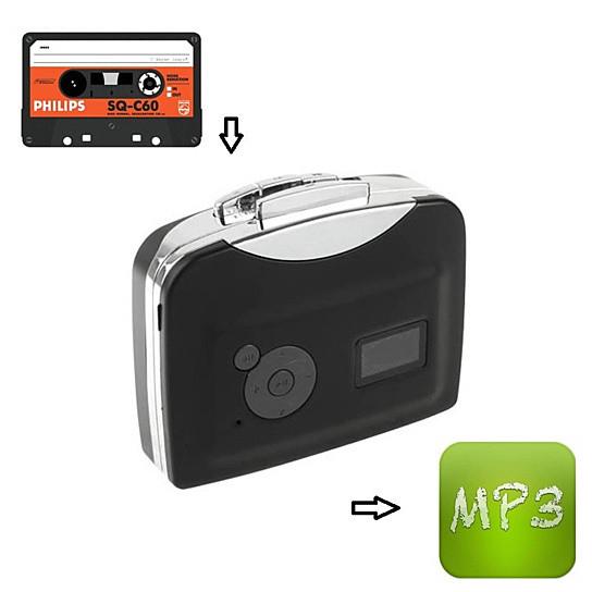 Portable Cassette To MP3 Converter with USB port and controls for easy cassette to MP3 conversion.