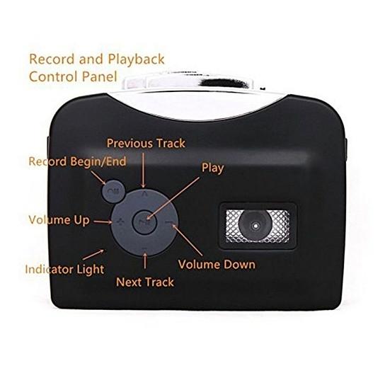 Portable Cassette To MP3 Converter with USB port and controls for easy cassette to MP3 conversion.