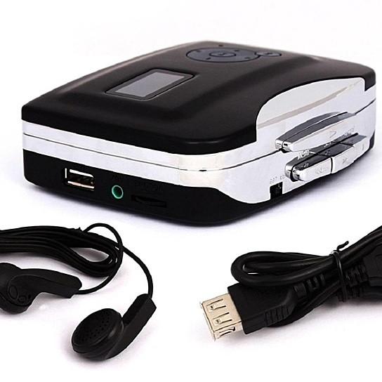 Portable Cassette To MP3 Converter with USB port and controls for easy cassette to MP3 conversion.