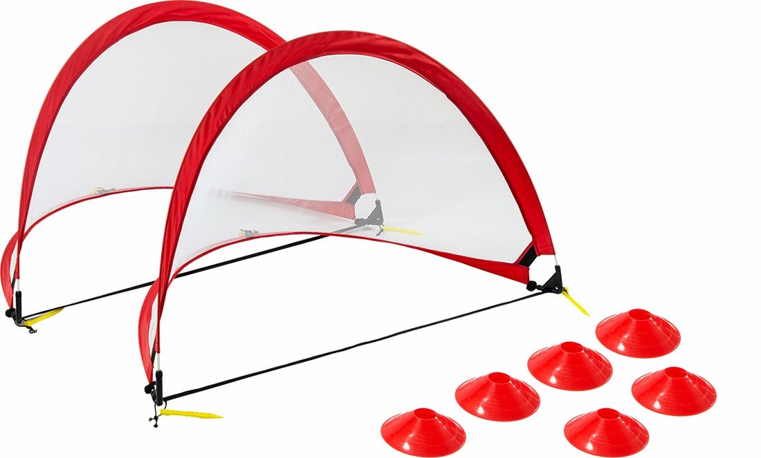 Portable Kids Soccer Goals Set featuring two pop-up goals, six cones, and a carrying bag, ideal for backyard play.