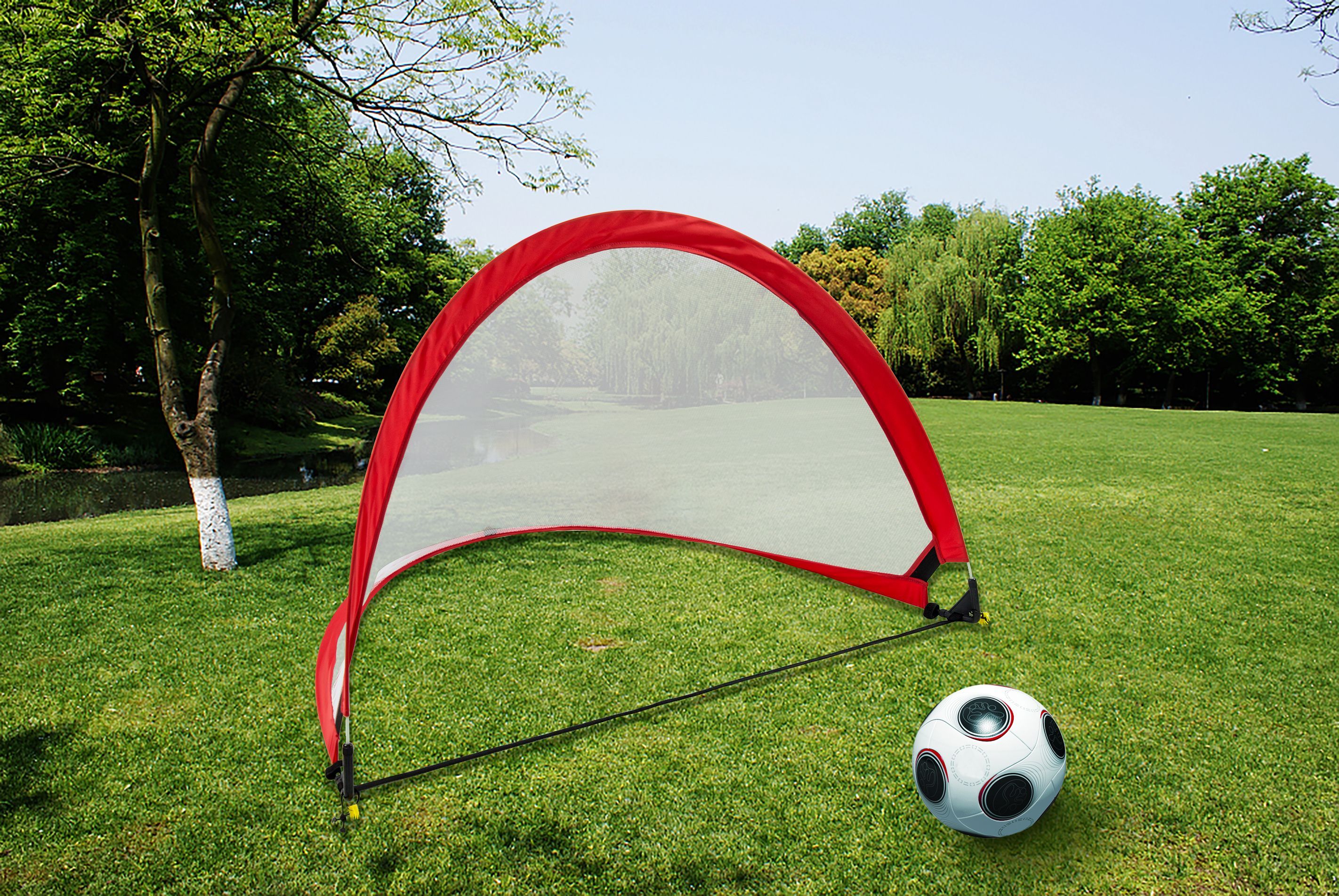 Portable Kids Soccer Goals Set featuring two pop-up goals, six cones, and a carrying bag, ideal for backyard play.