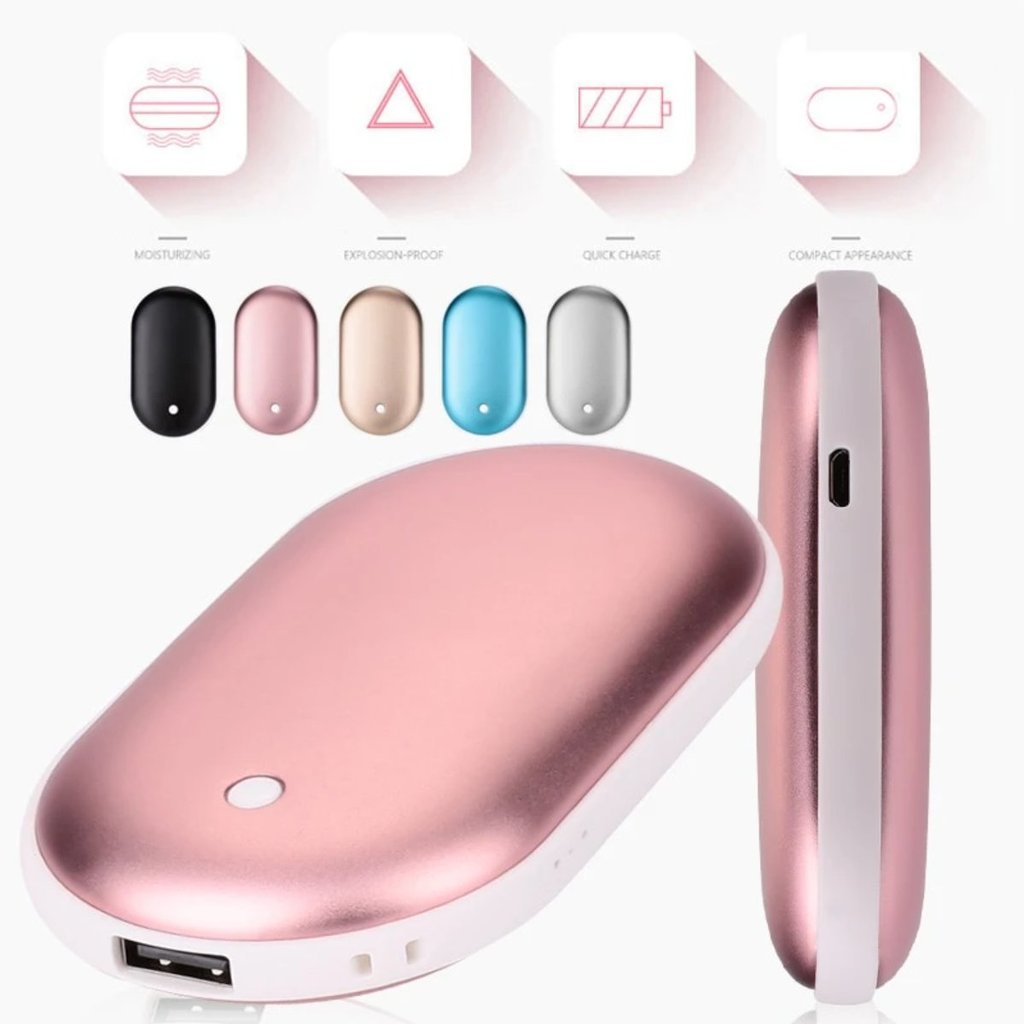 Portable USB Hand Warmer Egg with double-side heating and three temperature settings, made of aluminum alloy and ABS.