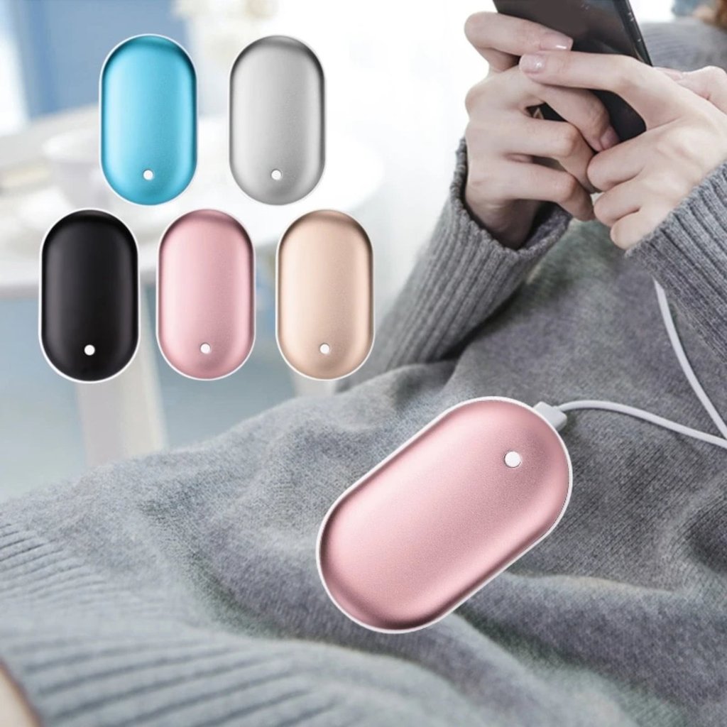 Portable USB Hand Warmer Egg with double-side heating and three temperature settings, made of aluminum alloy and ABS.