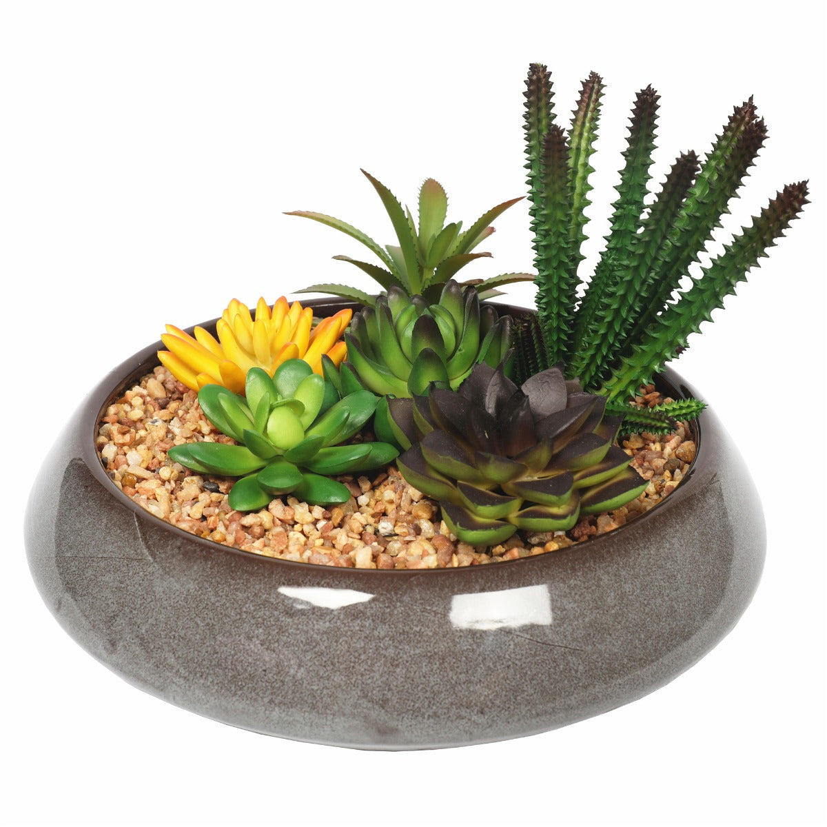 A beautifully arranged potted artificial succulents in a round decorative bowl, featuring lifelike plants and decorative pebbles.