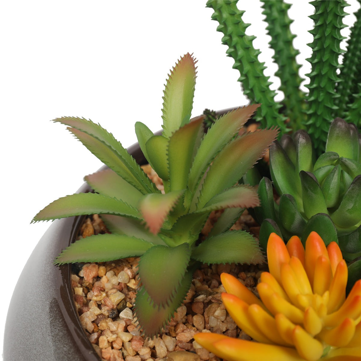 A beautifully arranged potted artificial succulents in a round decorative bowl, featuring lifelike plants and decorative pebbles.