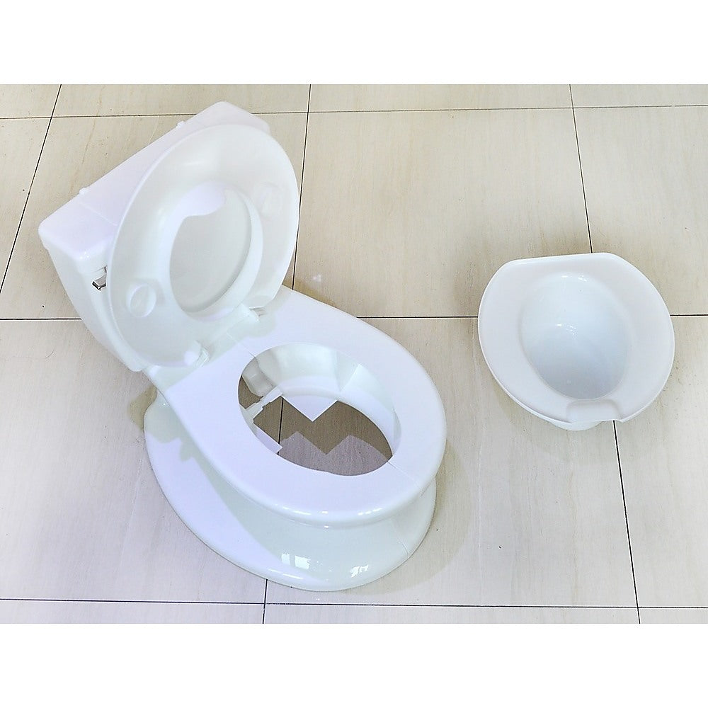 Potty Toilet Trainer for toddlers, featuring a realistic design, flushing sound, and built-in wipes dispenser.