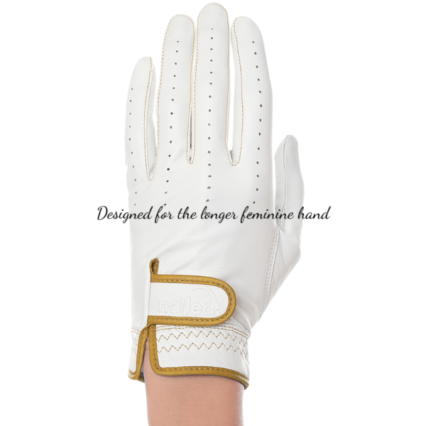 Premium Elongated Golf Gloves designed for women with longer fingers, showcasing luxurious material and snug fit for enhanced performance.