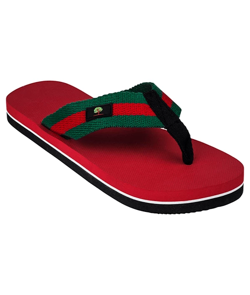 Premium Red Green & Black Thongs featuring a cotton strap and triple layered rubber for comfort, inspired by the Australian red bellied snake.