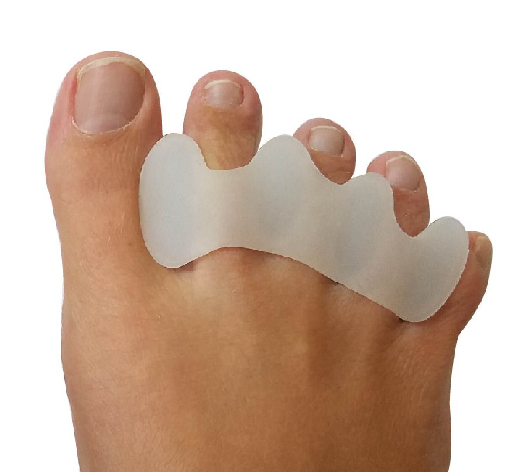 A pair of Premium Toe Spacers made from soft silicone gel, designed for toe alignment and comfort.