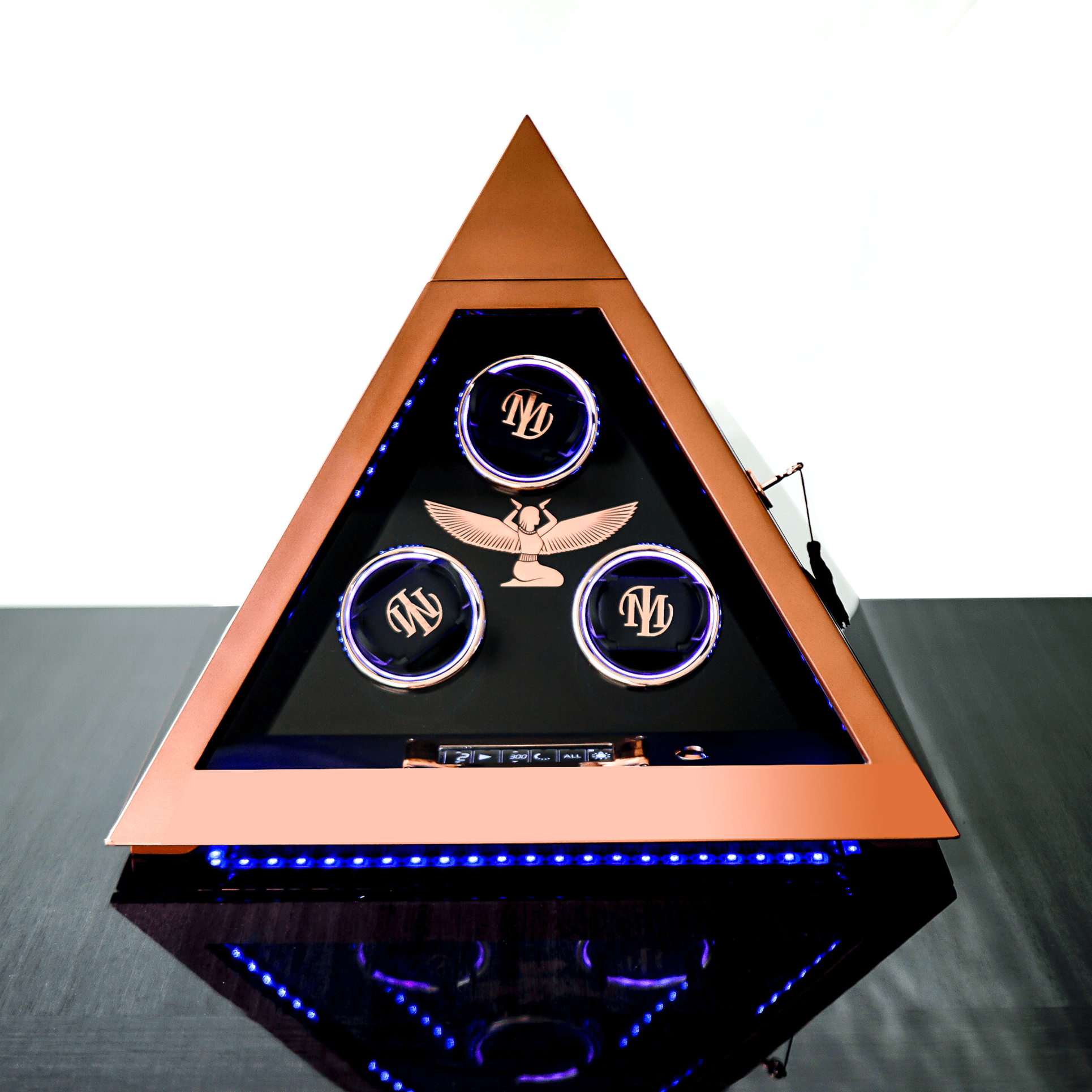 Pharaoh's Pyramid Watch Winder featuring a high gloss finish and triple watch storage capacity, designed in the shape of the Great Pyramid of Giza.