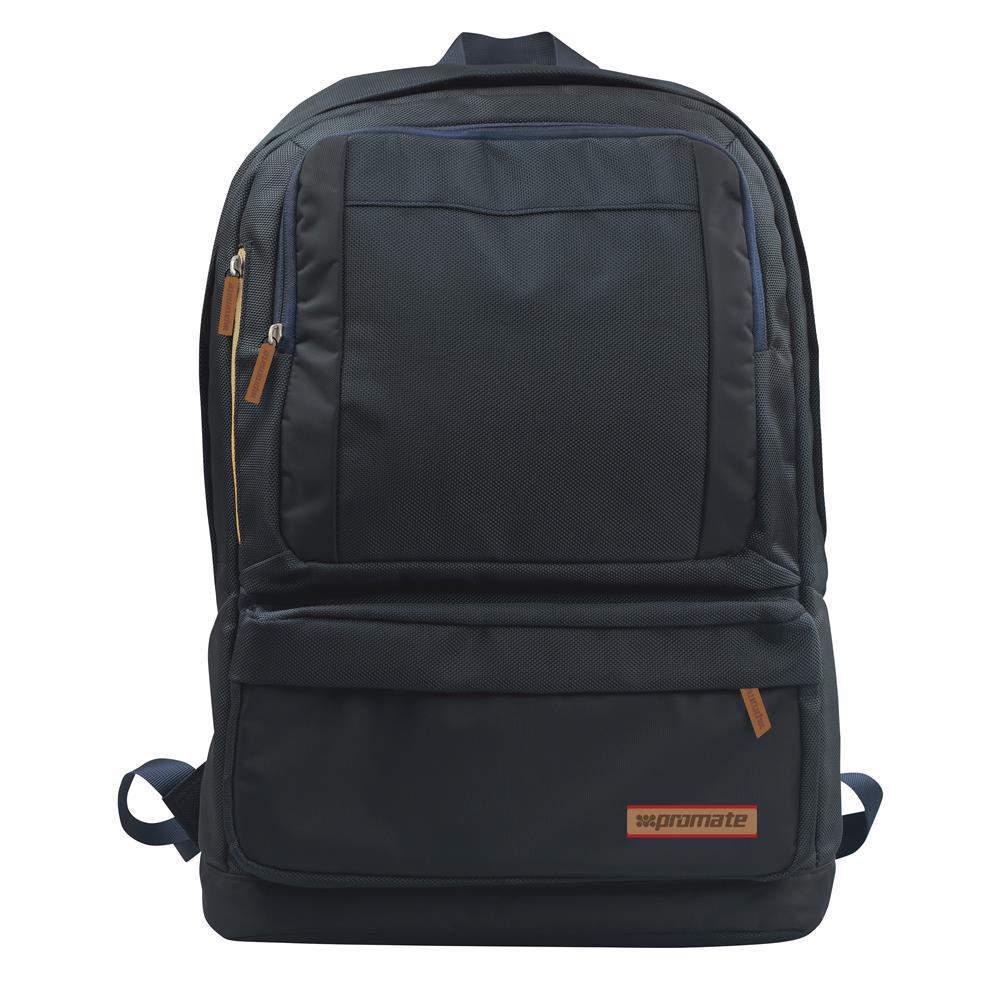 Promate Drake Premium Backpack in Black and Blue, designed for laptops up to 15.6 inches, featuring multiple pockets and adjustable straps.