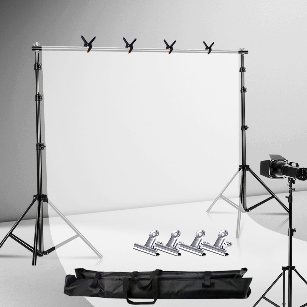 Pro.Studio Backdrop Stand Kit featuring adjustable height and length, sturdy metal frame, and included accessories for photography.