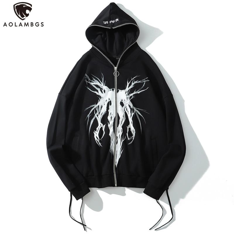 Men's black punk graphic print hooded hoodie with zipper closure and ribbon details, perfect for casual wear.