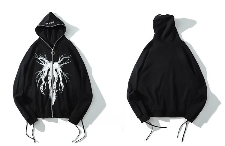 Men's black punk graphic print hooded hoodie with zipper closure and ribbon details, perfect for casual wear.