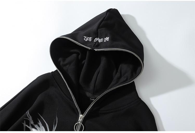 Men's black punk graphic print hooded hoodie with zipper closure and ribbon details, perfect for casual wear.