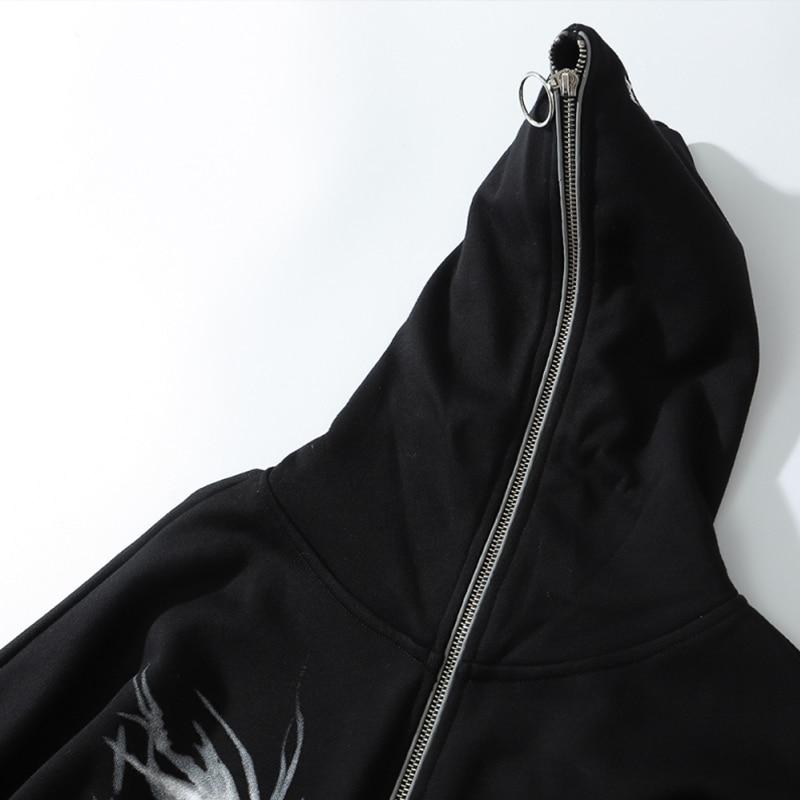 Men's black punk graphic print hooded hoodie with zipper closure and ribbon details, perfect for casual wear.