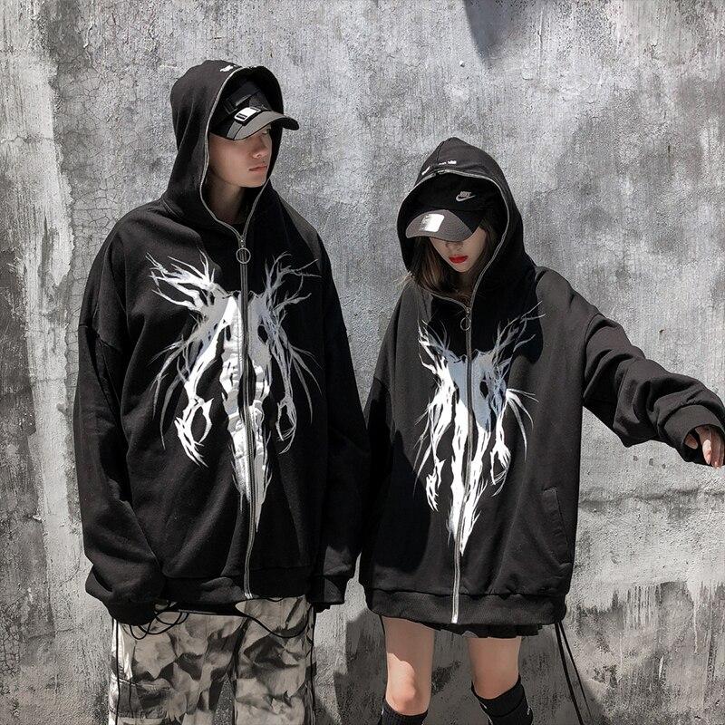 Men's black punk graphic print hooded hoodie with zipper closure and ribbon details, perfect for casual wear.