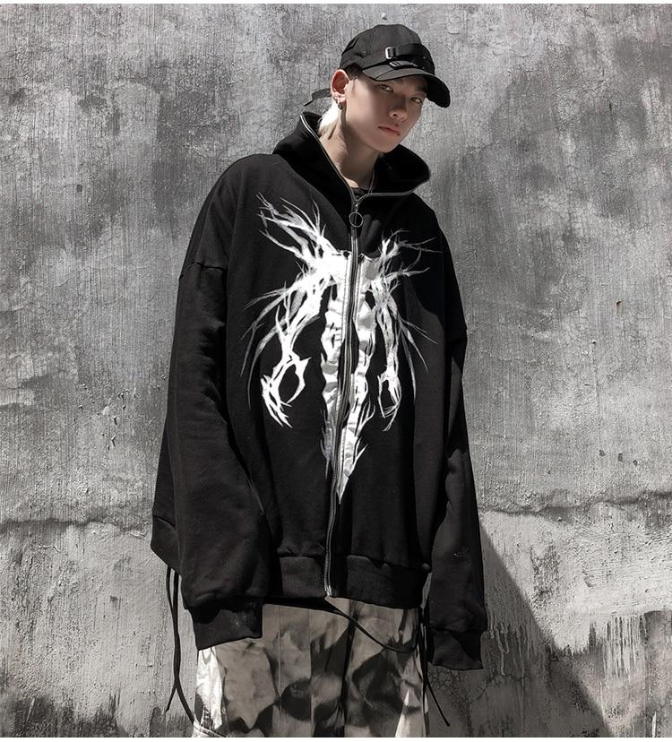 Men's black punk graphic print hooded hoodie with zipper closure and ribbon details, perfect for casual wear.