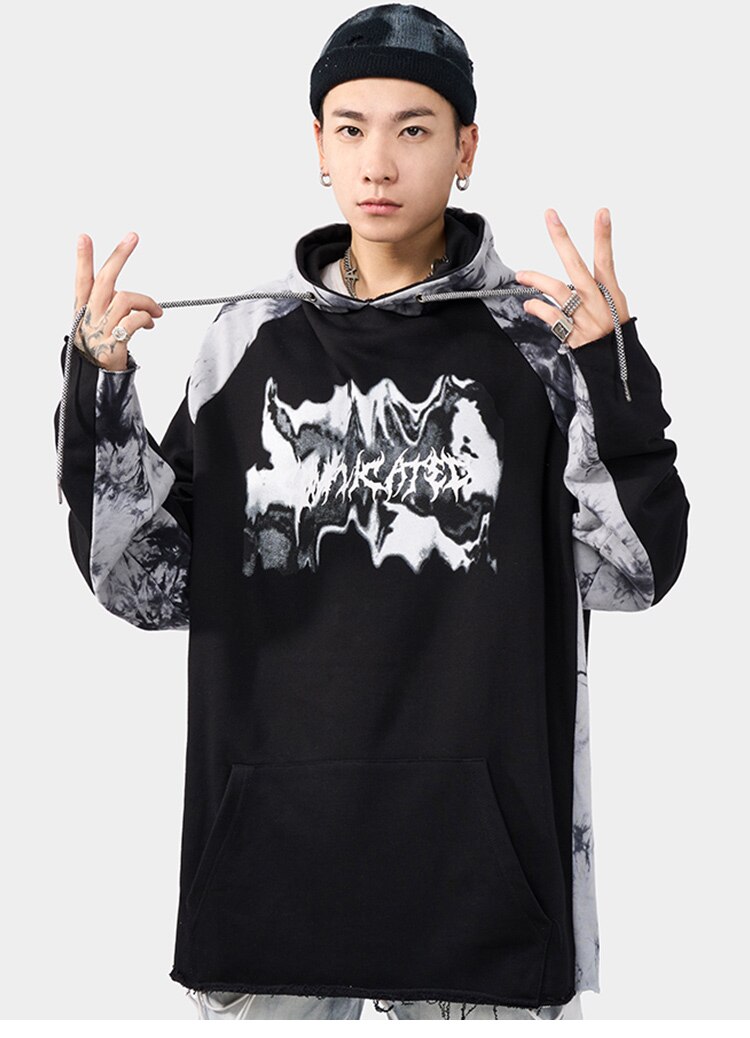 Punk Letter Tie Dye Printed Patchwork Hoodie for men, featuring a vibrant tie dye pattern and oversized fit, perfect for casual streetwear.