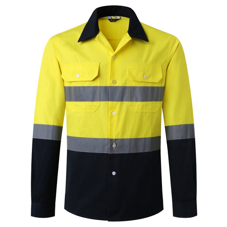 Pure cotton long-sleeved reflective overalls designed for work safety, featuring reflective strips and durable buttons.