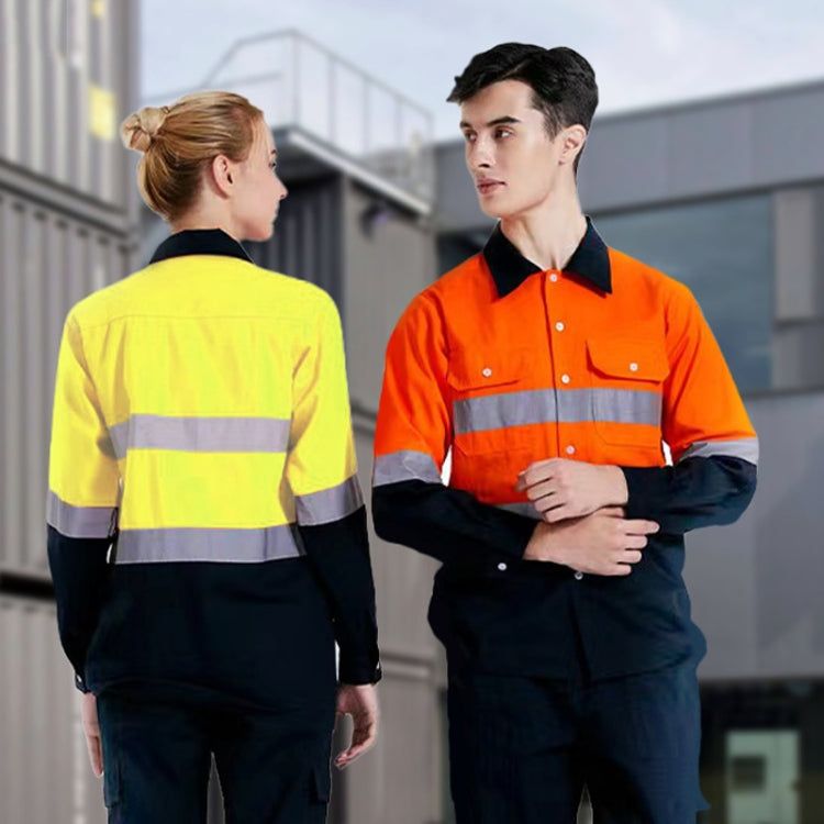 Pure cotton long-sleeved reflective overalls designed for work safety, featuring reflective strips and durable buttons.