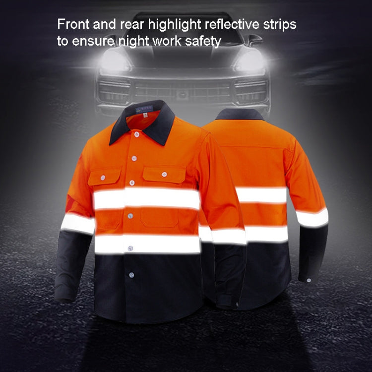 Pure cotton long-sleeved reflective overalls designed for work safety, featuring reflective strips and durable buttons.