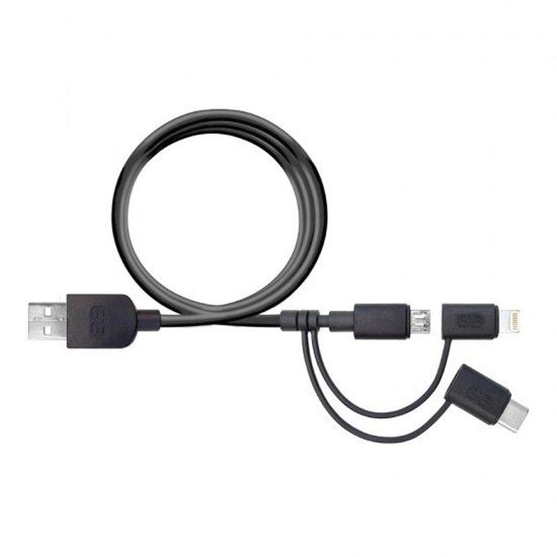 PUREGEAR 3-in-1 M Cable 0.2m featuring USB-C, Lightning, and Micro USB connectors in a compact design.