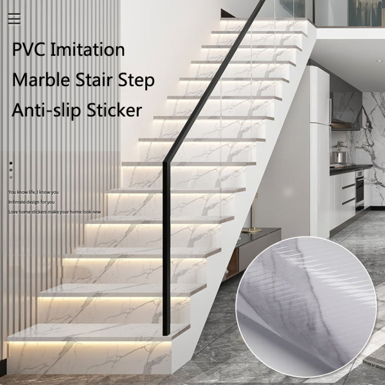 PVC imitation marble stair step anti-slip sticker with a twill pattern, showcasing its self-adhesive backing and high reflectivity.