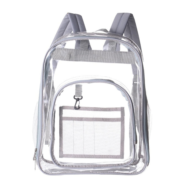 Light-colored PVC transparent waterproof backpack with padded straps and multiple compartments, ideal for students and daily use.