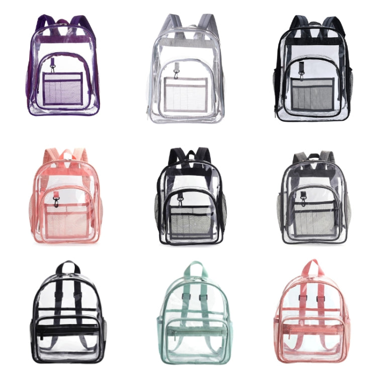 Light-colored PVC transparent waterproof backpack with padded straps and multiple compartments, ideal for students and daily use.