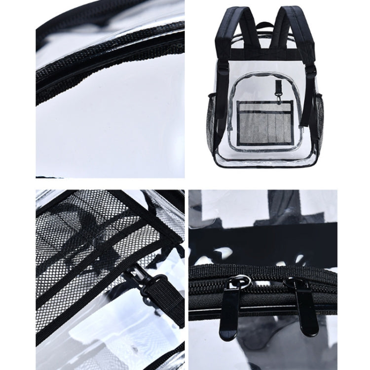 Light-colored PVC transparent waterproof backpack with padded straps and multiple compartments, ideal for students and daily use.