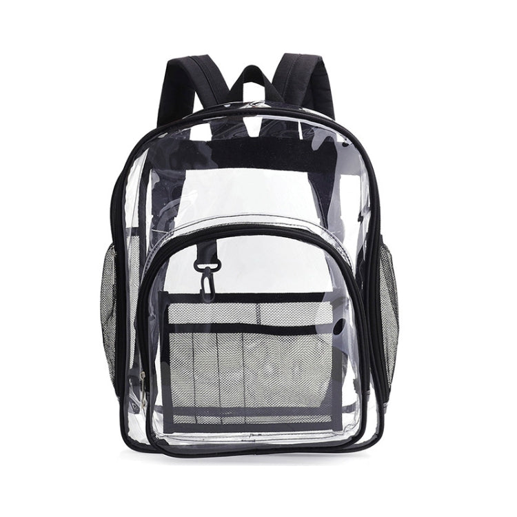 A stylish PVC transparent waterproof backpack designed for students, showcasing its spacious interior and durable construction.