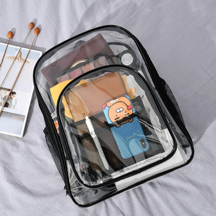 A stylish PVC transparent waterproof backpack designed for students, showcasing its spacious interior and durable construction.