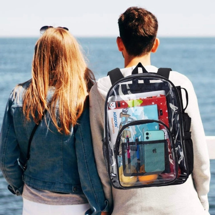 A stylish PVC transparent waterproof backpack designed for students, showcasing its spacious interior and durable construction.